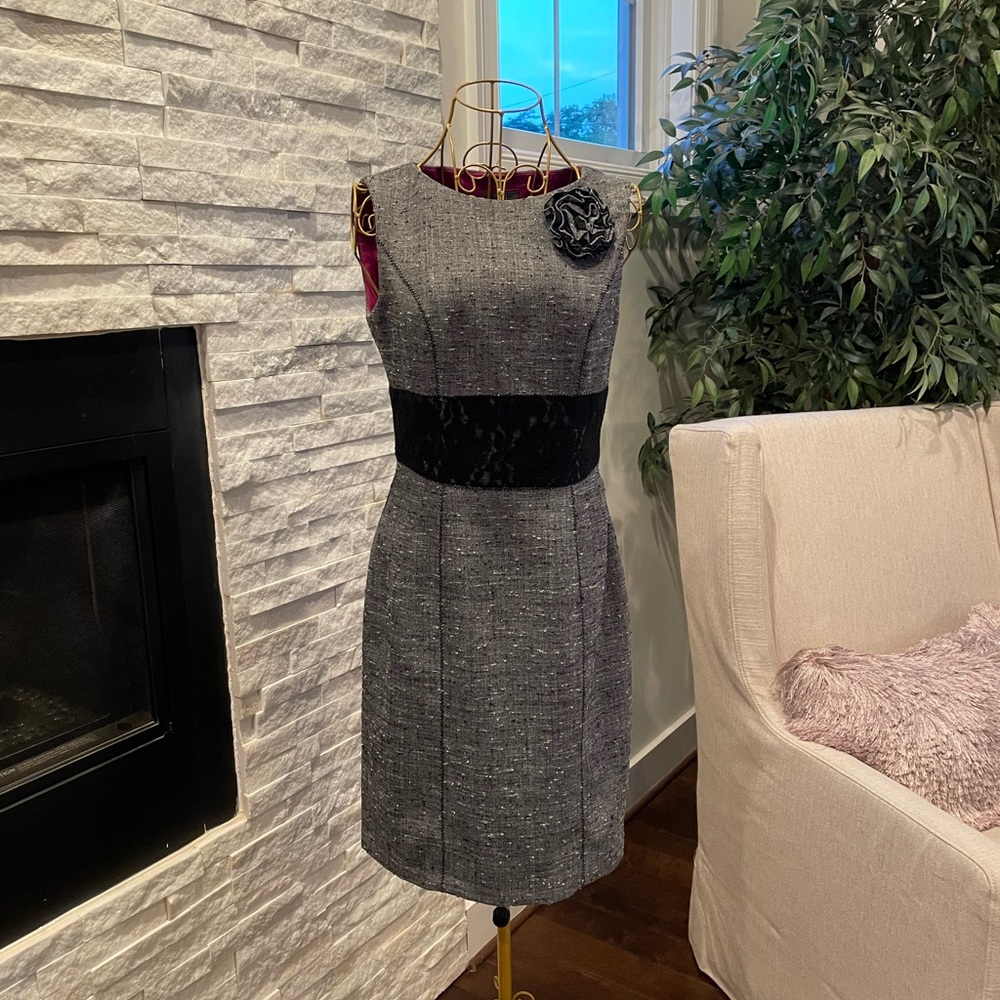 Muse tweed dress, knee length with black lace embellished waist overlay